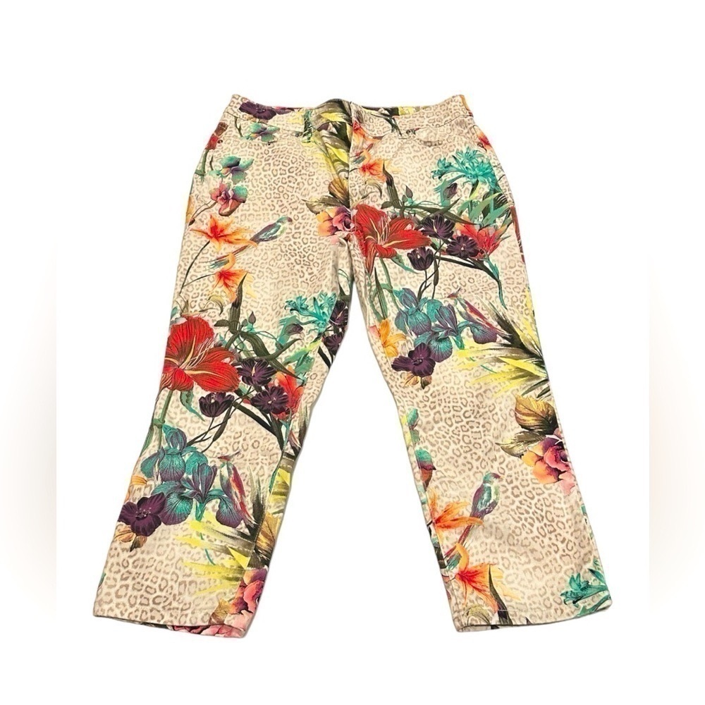 Chico’s Platinum Crop Pants Tropical Print Stretch Travel Resort Beach Style